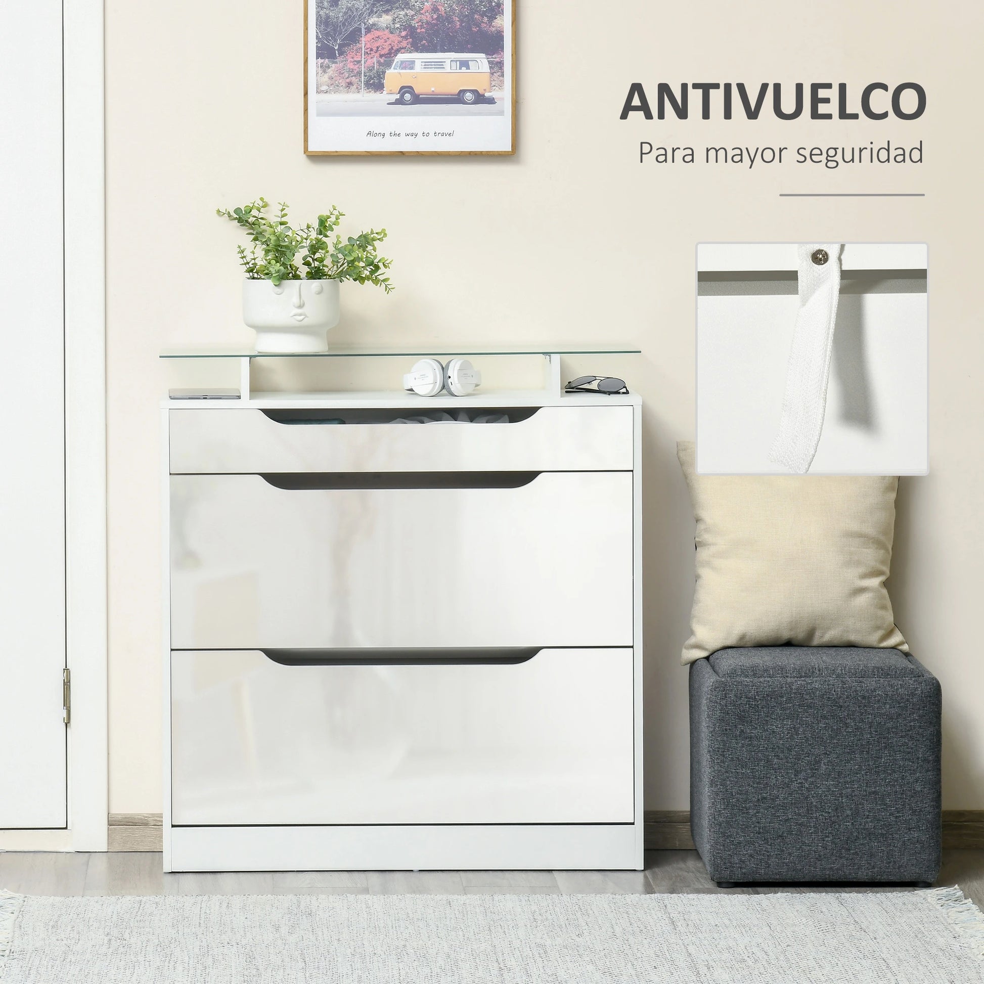 ZAPATERO ESTRECHO MODERNO CON ENCIMERA DE VIDRIO Y CAJÓN image 2