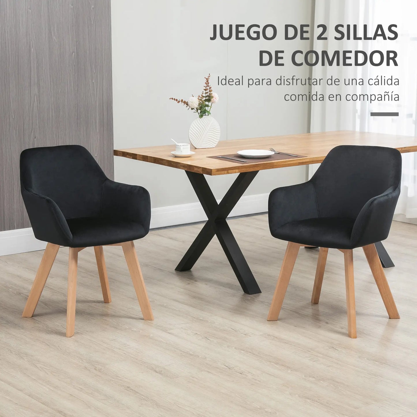 JUEGO DE 2 SILLAS DE COMEDOR MODERNAS TAPIZADAS EN TERCIOPELO – COLOR NEGRO image 2
