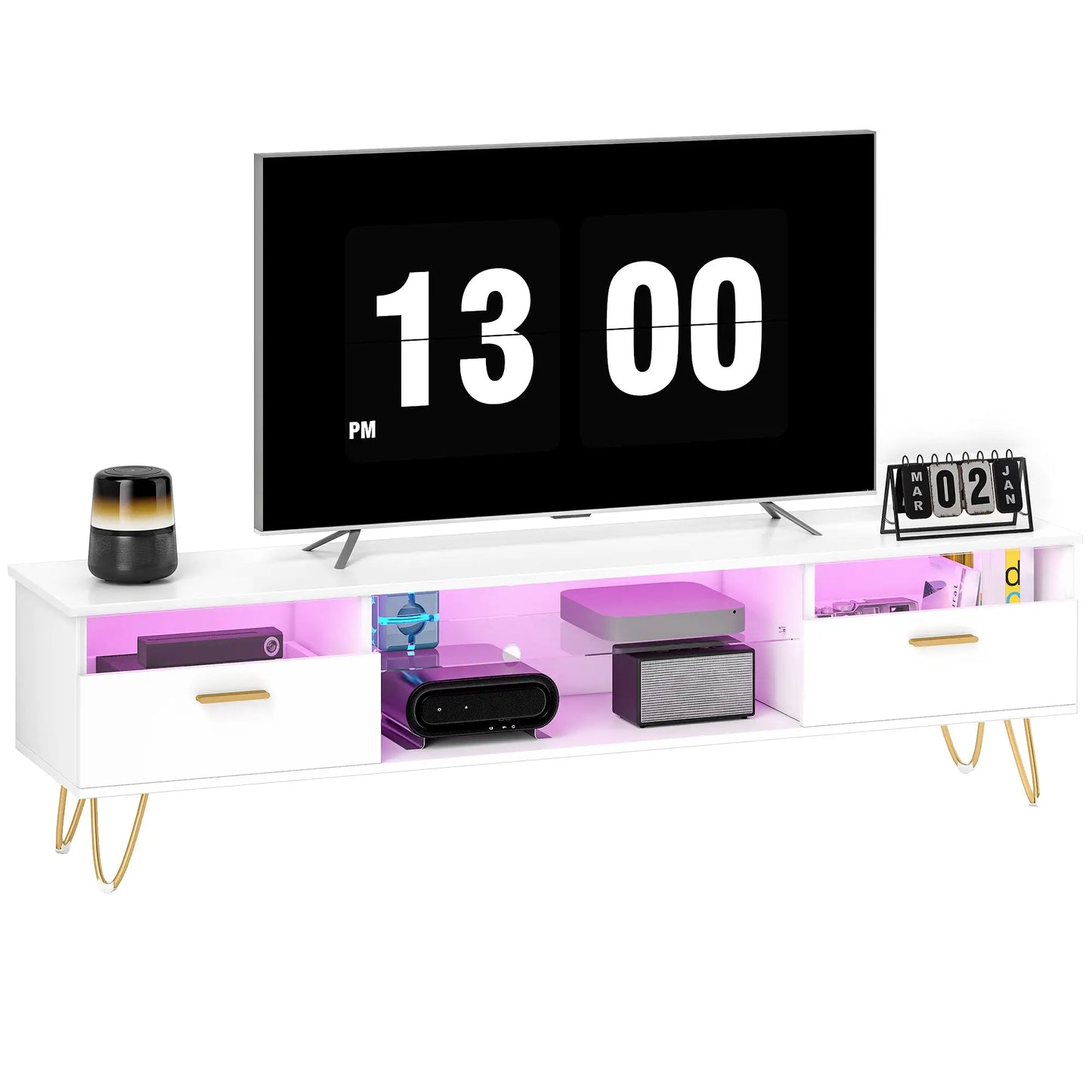 Mueble TV Blanco con LED RGB y Patas Doradas 160 cm image 7