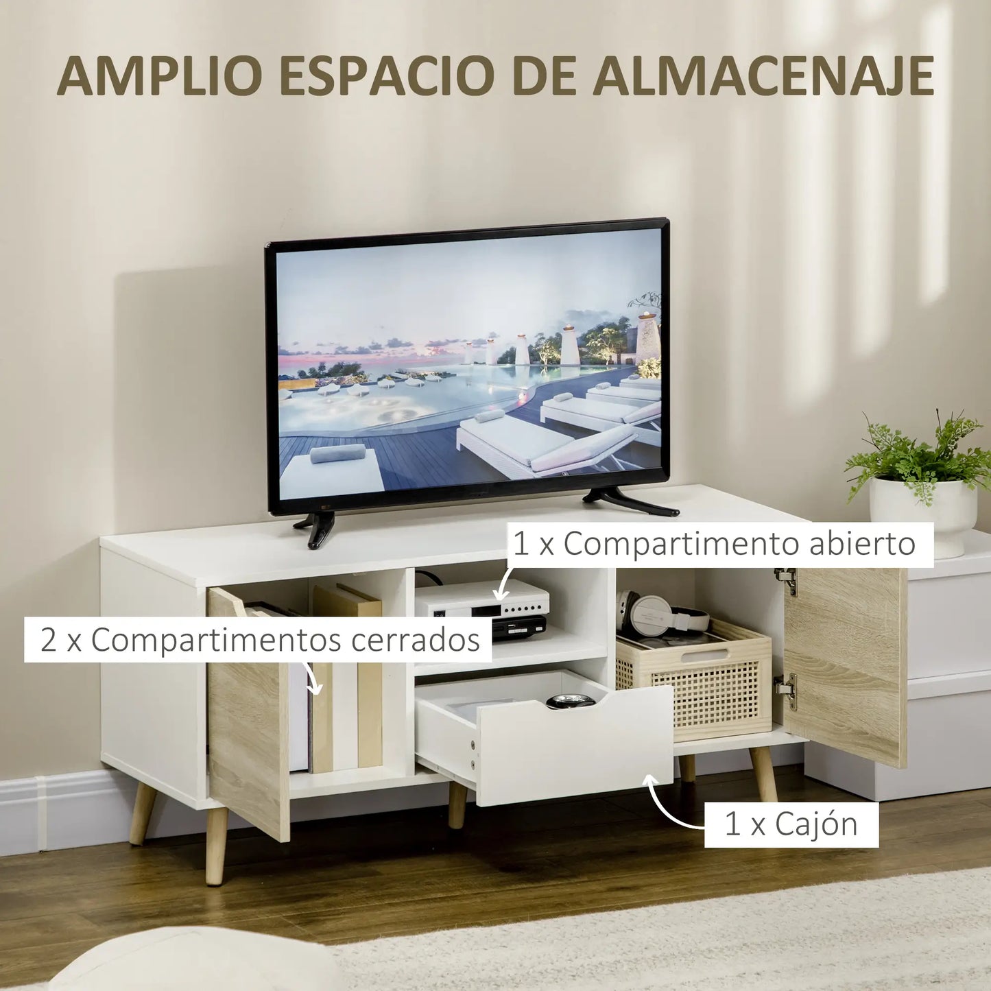 📺 MUEBLE TV “NORDIC BOX 110” – 2 PUERTAS + CAJÓN + HUECO ABIERTO · HASTA 50" · 2 COLORES