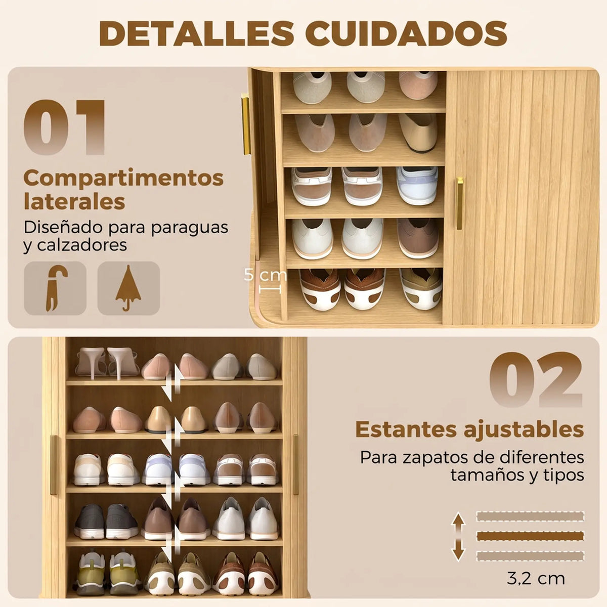 👞 ZAPATERO OAK SLIDE 5 – ROBLE CON PUERTAS CORREDERAS DE LAMAS Y 5 NIVELES