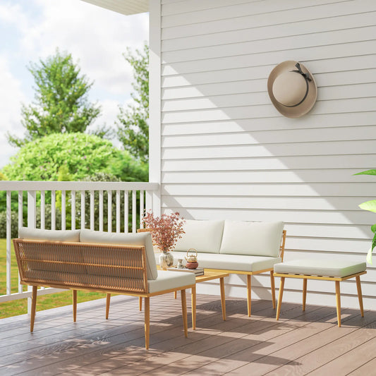 🌿 CONJUNTO DE JARDÍN MODULAR 5 PLAZAS BARATO “BOHORIA” – SOFÁ EN L + MESA RATÁN