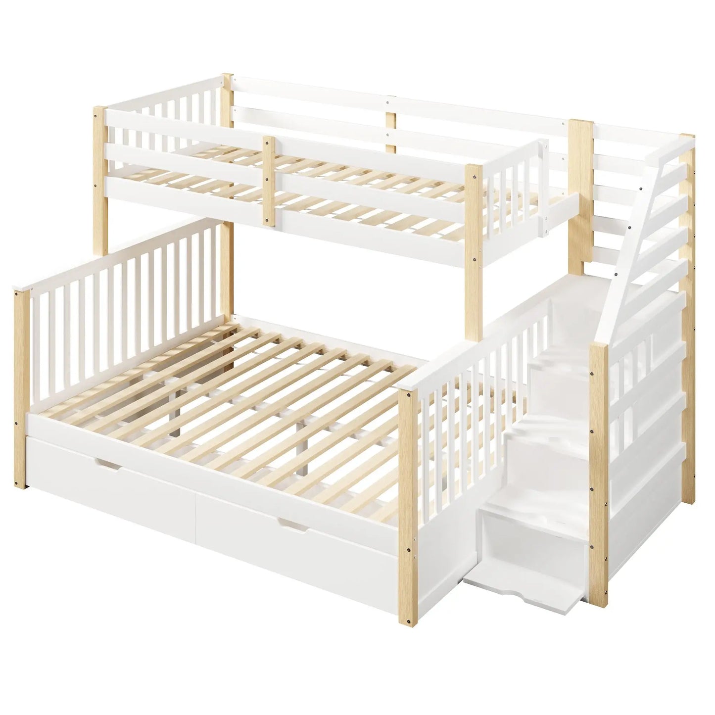 🛏️ LITERA FAMILIAR 90 × 200 + 140 × 200 CM CON ESCALERA, BARANDILLA Y ALMACENAMIENTO | BLANCO Y NATURAL | JAM MUEBLES