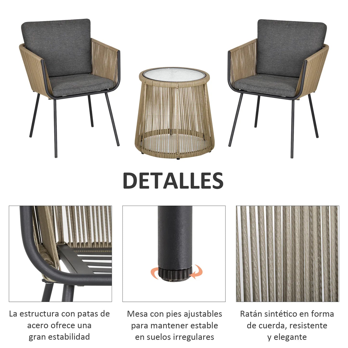 CONJUNTO DE JARDÍN RATÁN CAFÉ Y GRIS 2 SILLAS + MESA CRISTAL – MODELO SIENA image 8