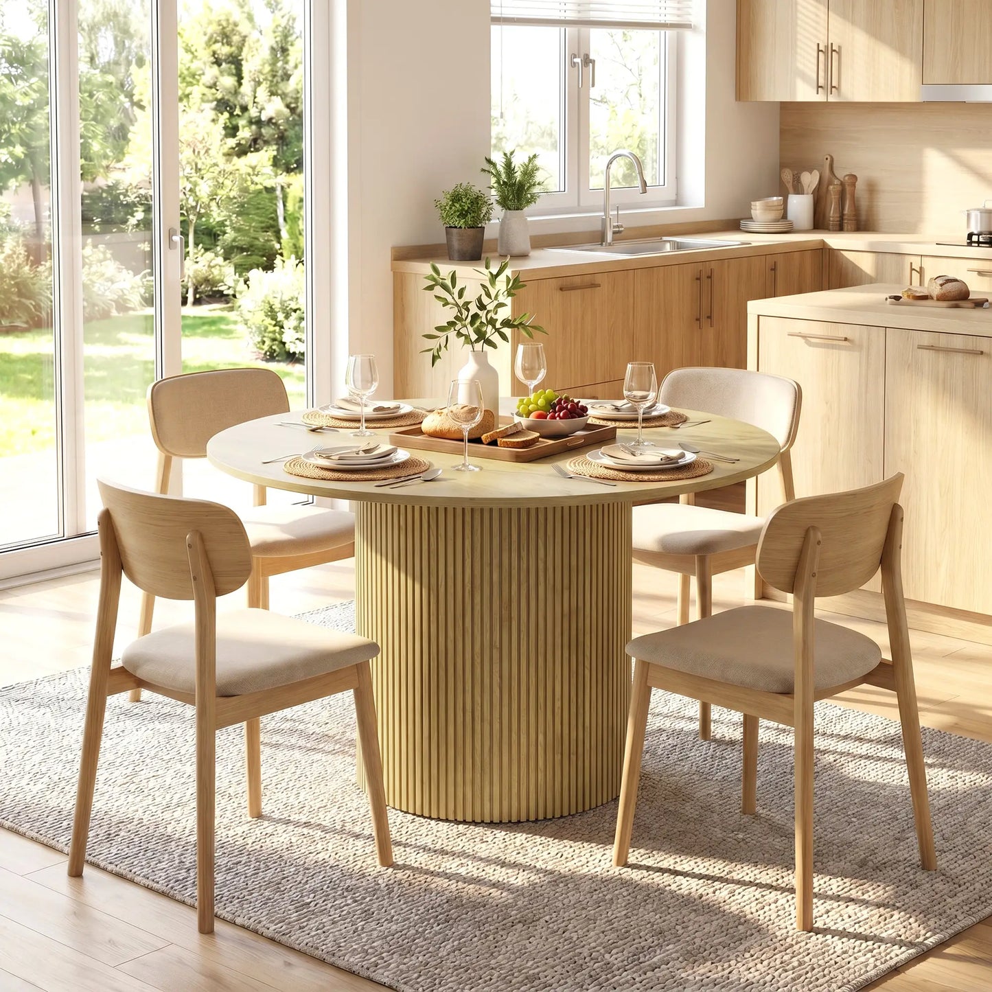 🪵 MESA DE COMEDOR REDONDA ROBLE 110 CM – DISEÑO MODERNO CON PEDESTAL ACANALADO