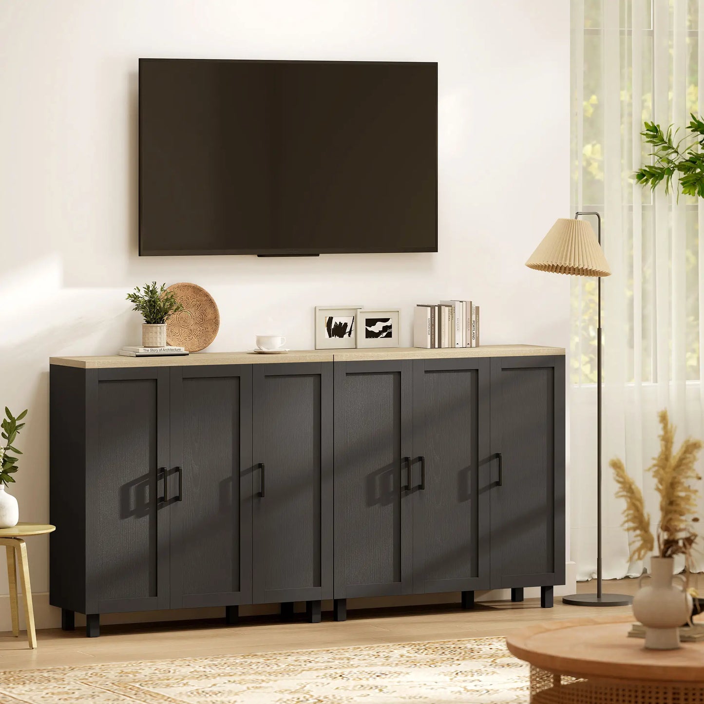 APARADOR DE SALÓN MODERNO CON 3 PUERTAS – NEGRO Y MADERA NATURAL image 8