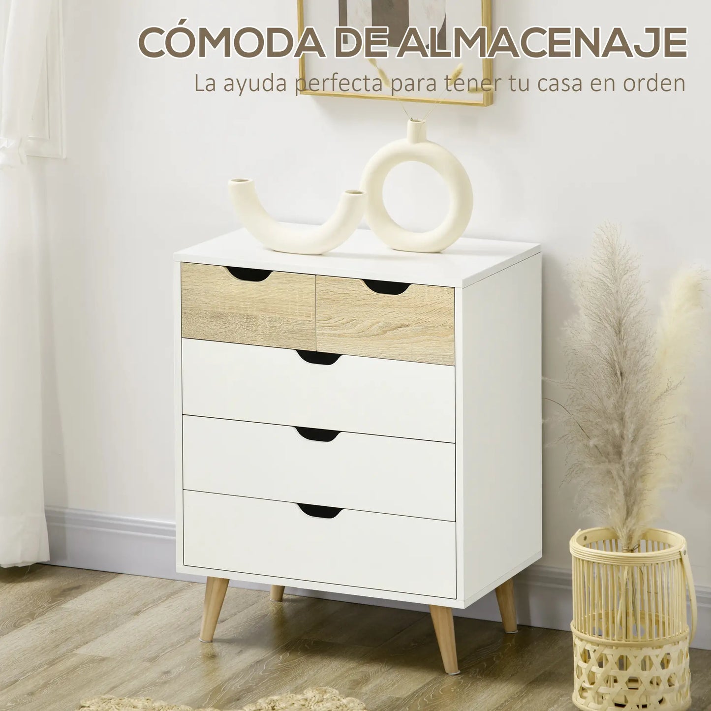 CÓMODA NORDIC BLEND 5 CAJONES NATURAL Y BLANCO image 2