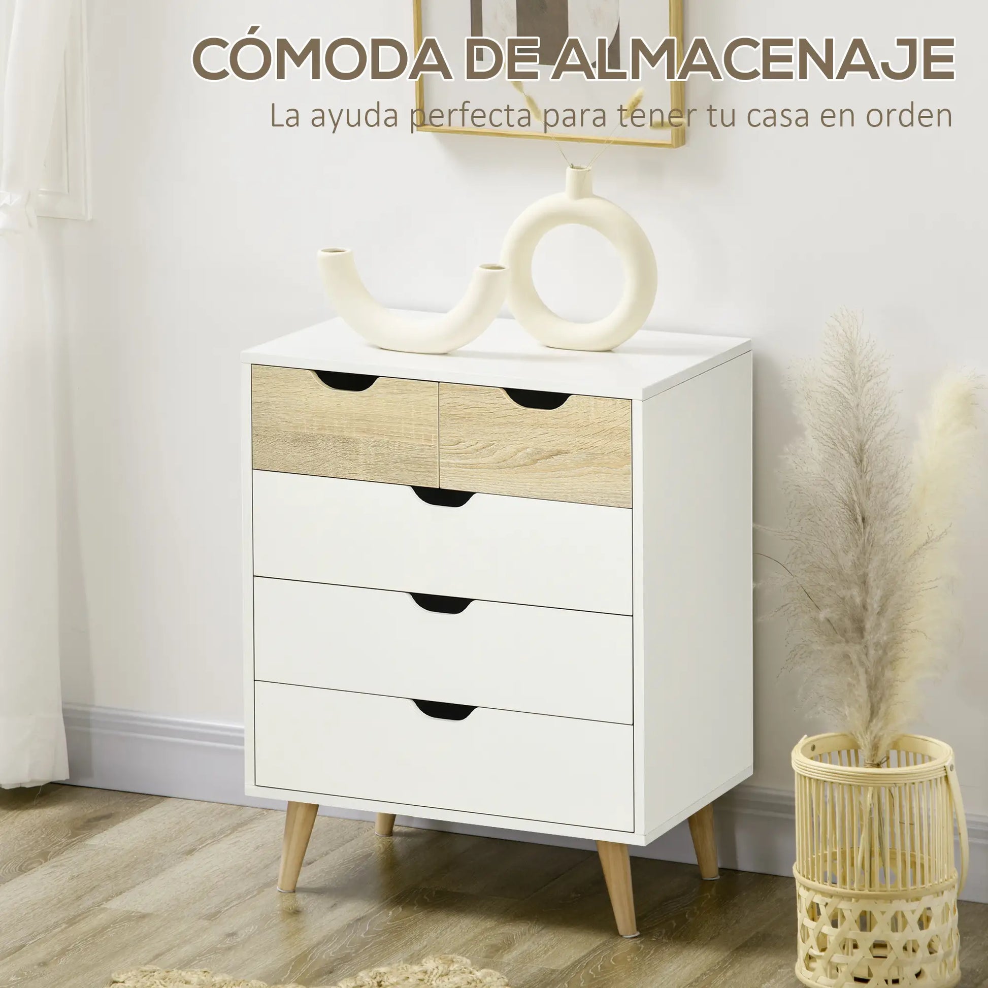 CÓMODA NORDIC BLEND 5 CAJONES NATURAL Y BLANCO image 2