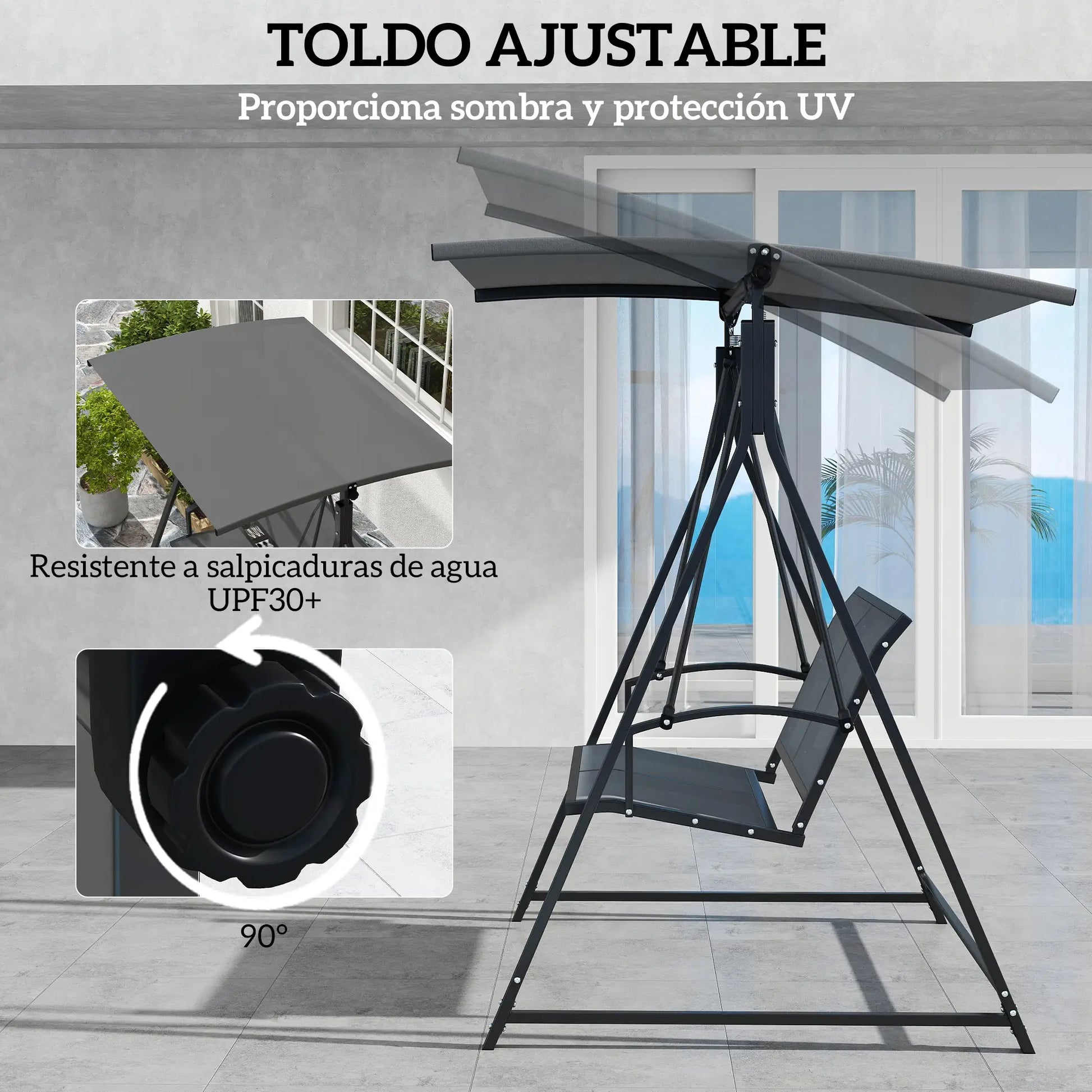 COLUMPIO DE JARDÍN 2 PLAZAS GREY RELAX – ESTRUCTURA TRIANGULAR CON TOLDO AJUSTAB image 6