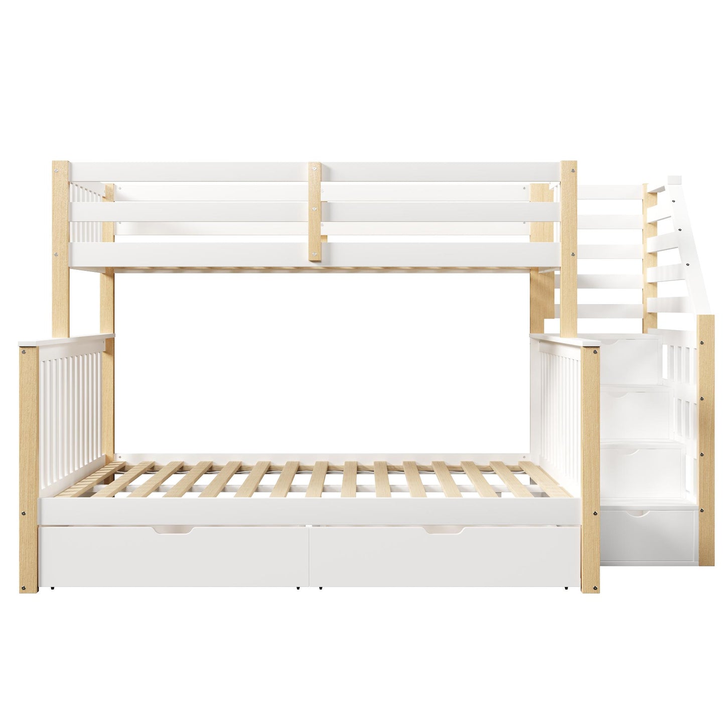🛏️ LITERA FAMILIAR 90 × 200 + 140 × 200 CM CON ESCALERA, BARANDILLA Y ALMACENAMIENTO | BLANCO Y NATURAL | JAM MUEBLES