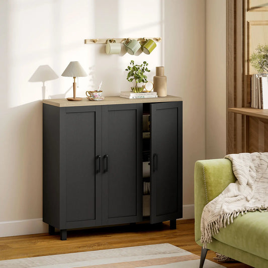 APARADOR DE SALÓN MODERNO CON 3 PUERTAS – NEGRO Y MADERA NATURAL image 0