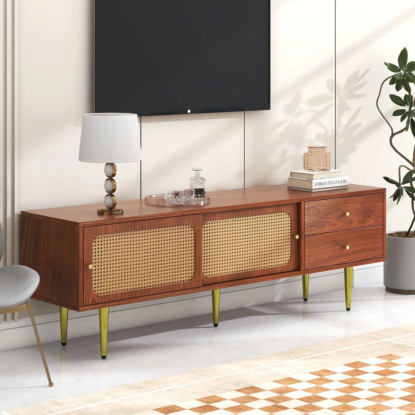 MUEBLE TV “NOGAL & RATÁN SLIDE” 160 CM image 0