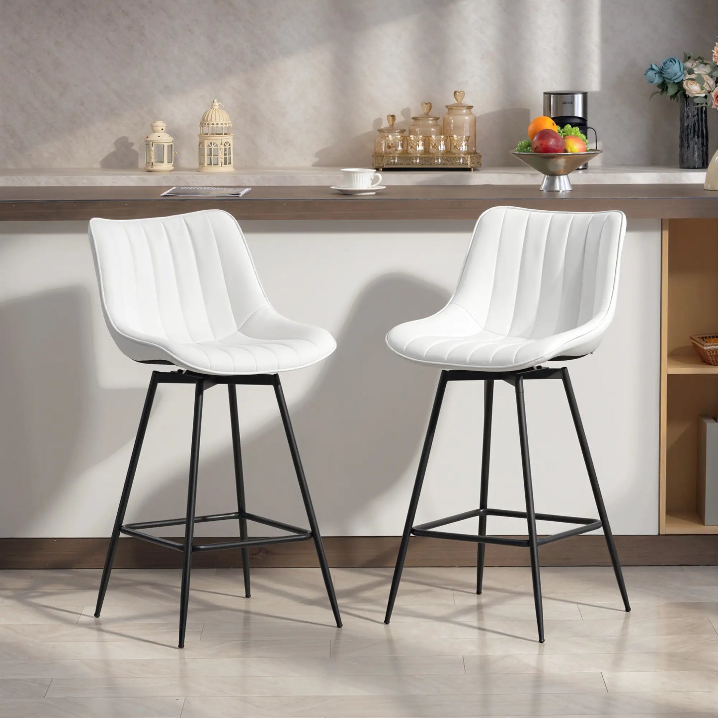 🪑 Juego de 2 Taburetes de Bar Giratorios 360° con Respaldo y Reposapiés – Tapizados en Cuero Sintético Blanco o Negro