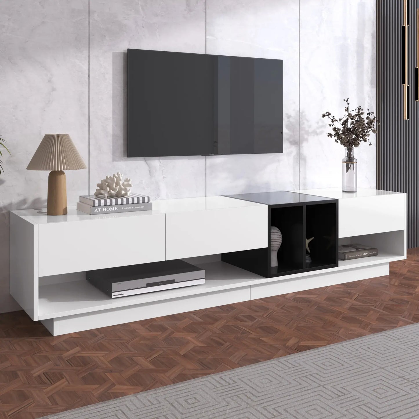 🖤🤍 MUEBLE TV “CONTRAST 190” – BLANCO Y NEGRO BRILLO · 3 CAJONES + 2 COMPARTIMENTOS · 190 CM