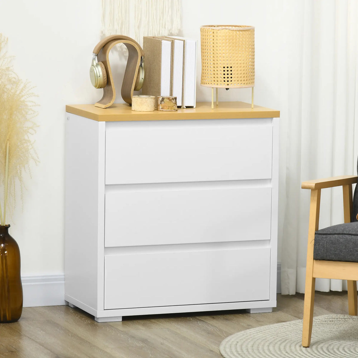 🤍 CÓMODA NORDIC PURE 3C – 3 CAJONES BLANCO Y MADERA NATURAL SIN TIRADORES
