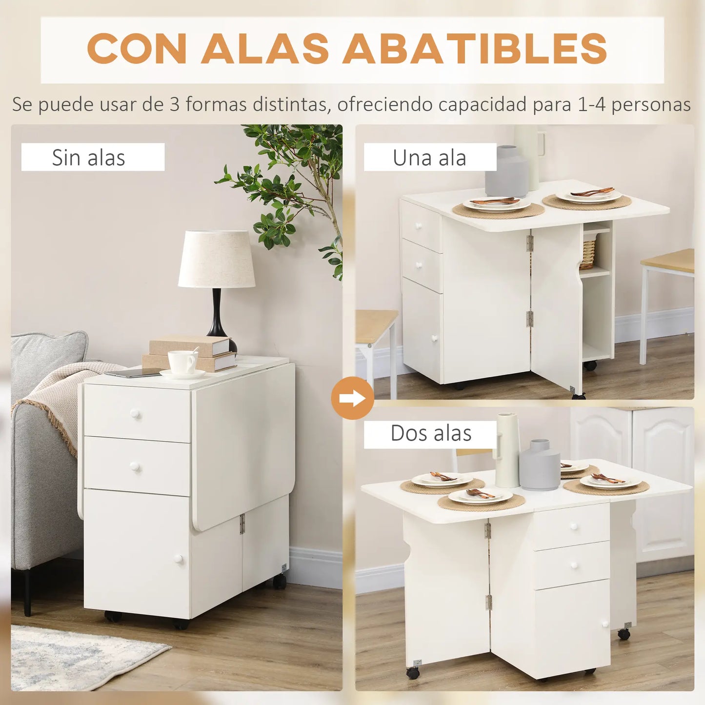 MESA DE COMEDOR PLEGABLE CON ALAS ABATIBLES, RUEDAS Y CAJONES – BLANCA image 2