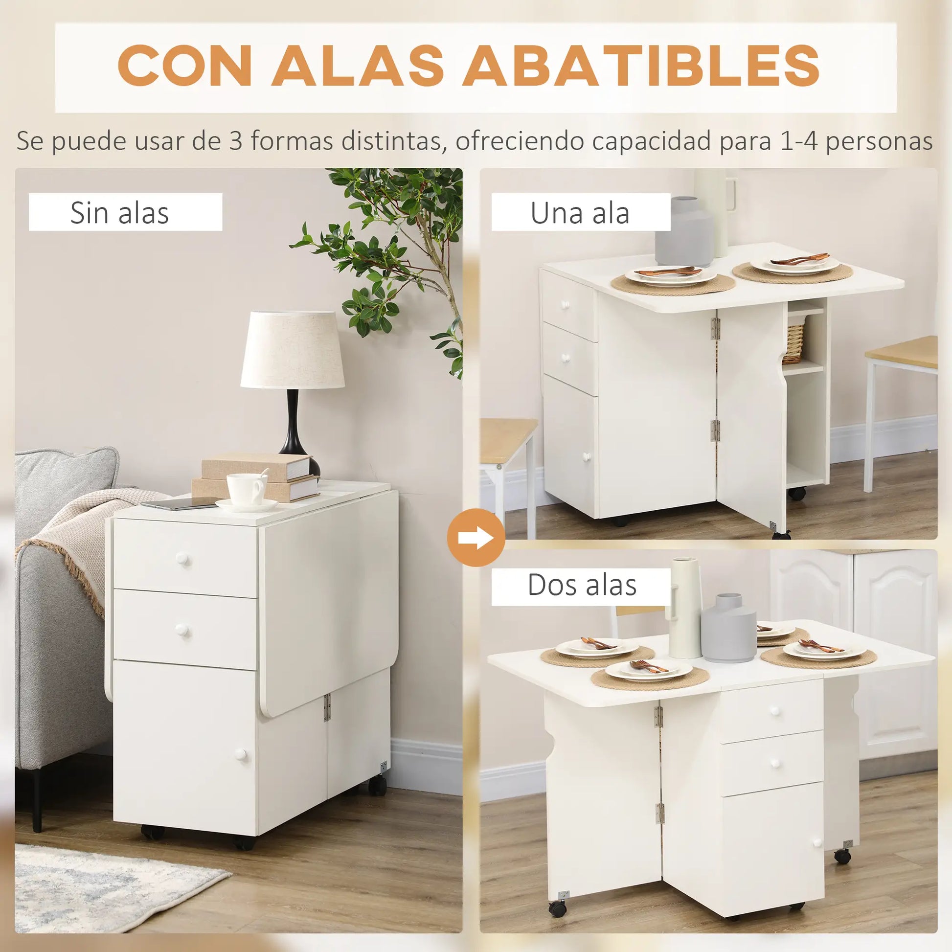 MESA DE COMEDOR PLEGABLE CON ALAS ABATIBLES, RUEDAS Y CAJONES – BLANCA image 2