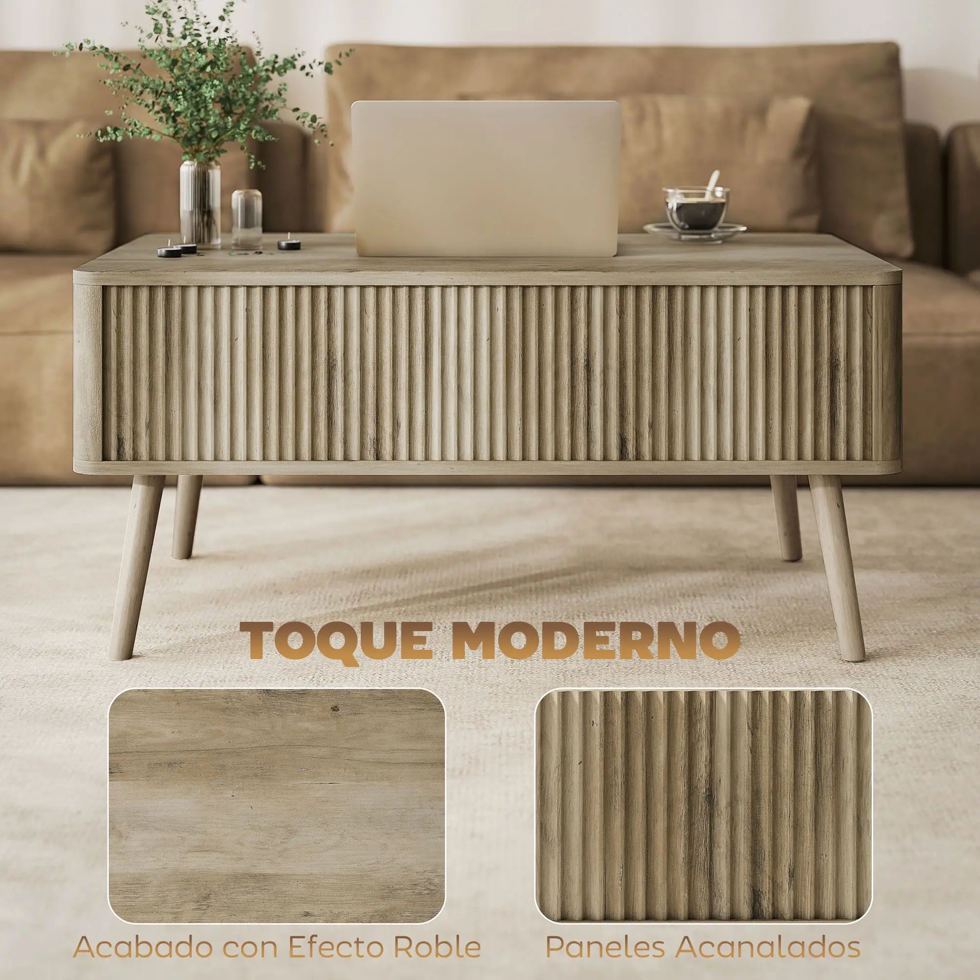 Mesa de Centro Elevable con Almacenaje Oculto y Patas de Pino 91 cm en Roble image 2