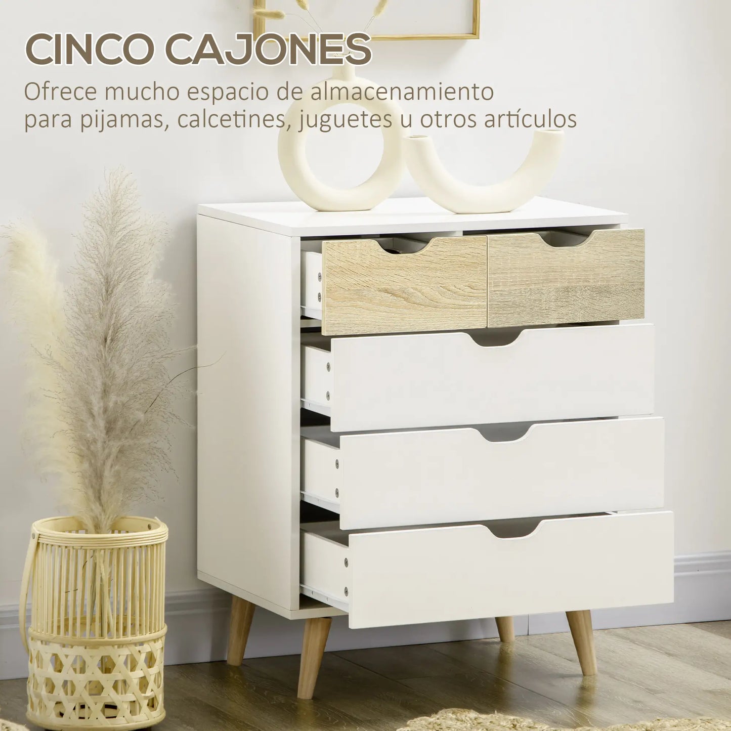 CÓMODA NORDIC BLEND 5 CAJONES NATURAL Y BLANCO image 3