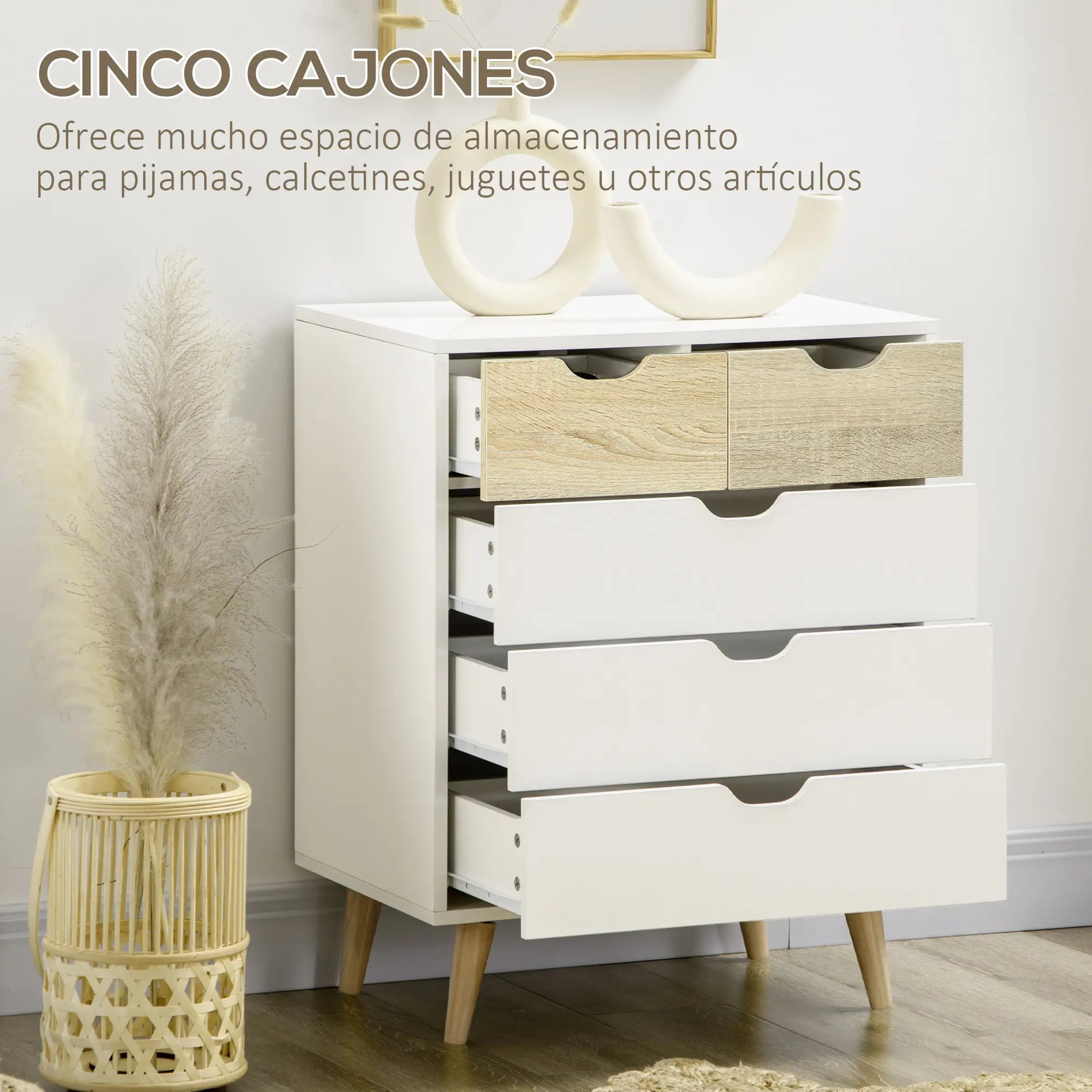 CÓMODA NORDIC BLEND 5 CAJONES NATURAL Y BLANCO image 3