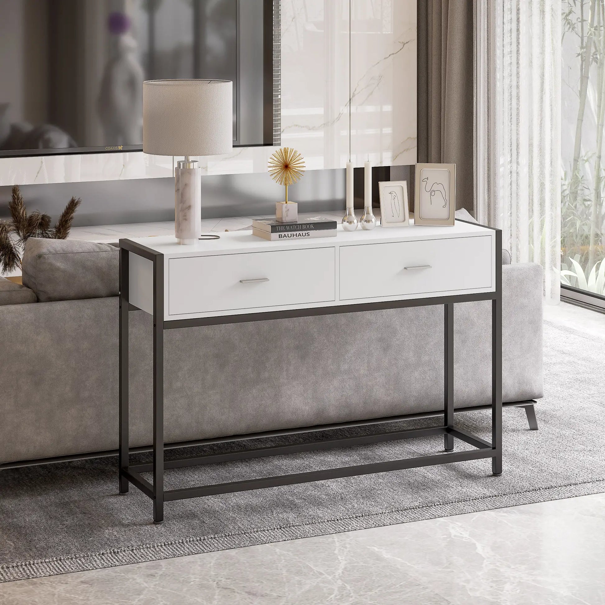 CONSOLA MODERNA BLANCO & NEGRO “MINIMAL CROSS DOUBLE DRAWER” image 4