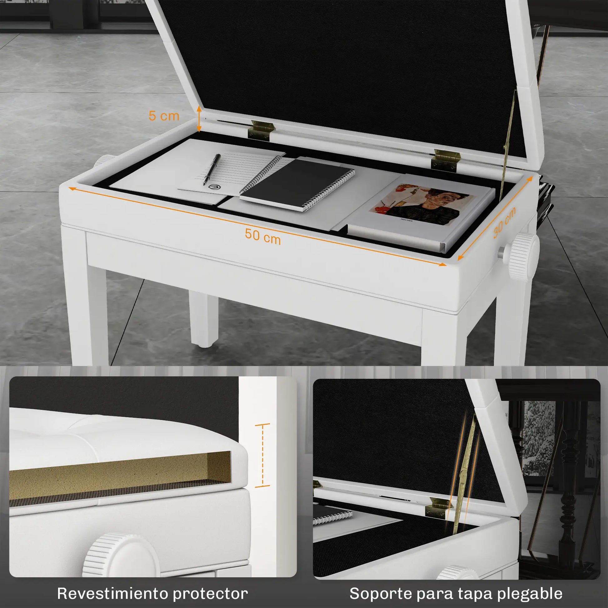 BANQUETA DE PIANO HARMONY LIFT BLANCA AJUSTABLE CON ALMACENAJE image 4