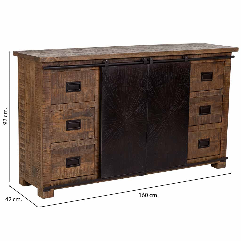 APARADOR ÓXIDO ARTESANAL DE MADERA MACIZA CON 2 PUERTAS CORREDERAS Y 6 CAJONES image 3