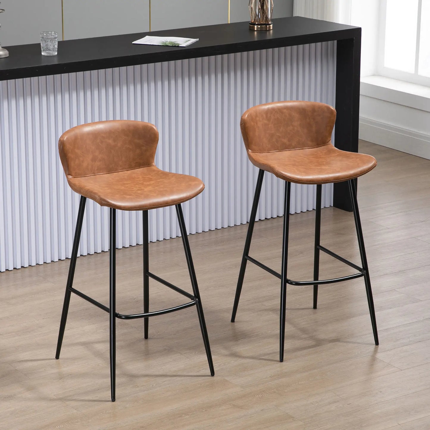 🪑 Conjunto de 2 Taburetes Altos de Cocina Vintage Tapizados en PU Marrón – Con Respaldo, Reposapiés y Estructura de Acero