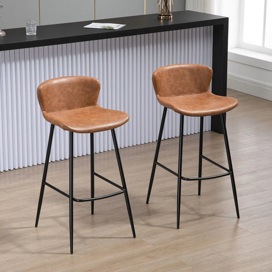 🪑 Conjunto de 2 Taburetes Altos de Cocina Vintage Tapizados en PU Marrón – Con Respaldo, Reposapiés y Estructura de Acero