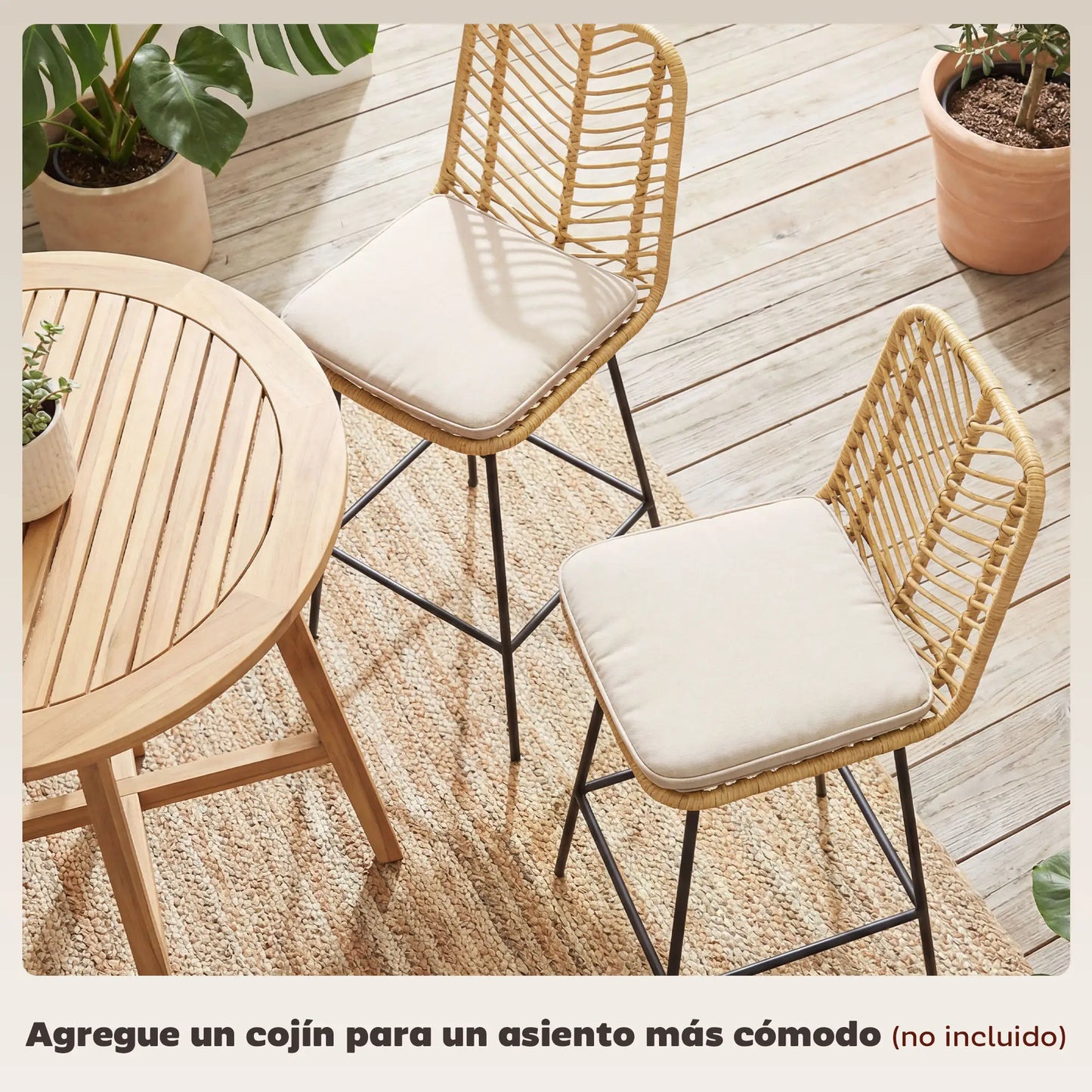 🪑 Juego de 2 Taburetes Altos de Cocina con Asiento de Ratán Sintético – Estilo Boho con Patas de Acero Negro