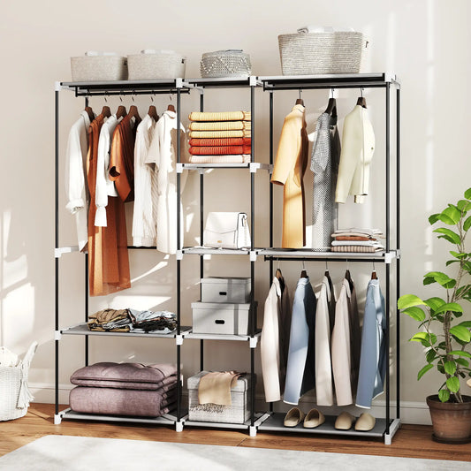 👕 ARMARIO ABIERTO PARA ROPA 182 CM CON 8 ESTANTES Y 3 BARRAS – GRIS CLARO