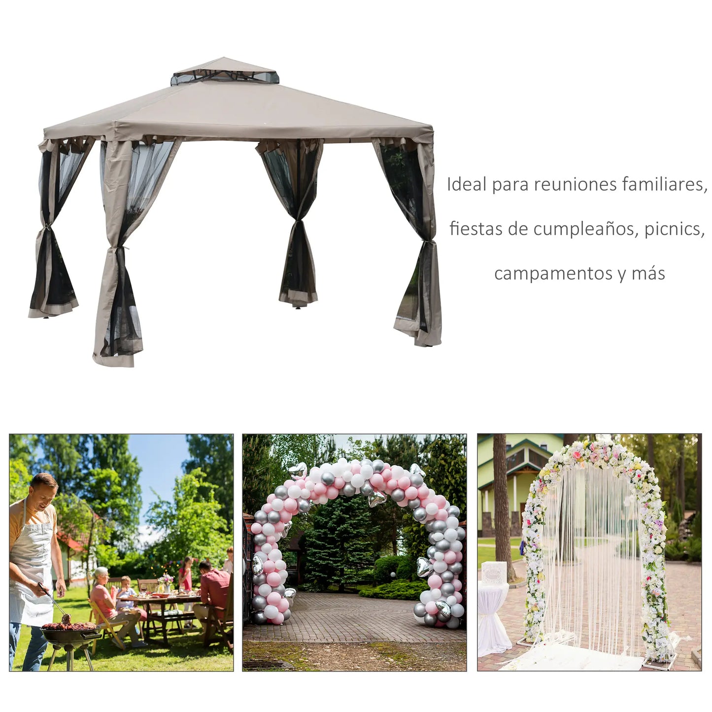 🌿 CENADOR DE JARDÍN “BRAVENTO” 3x3m – DOBLE TECHO Y MOSQUITERAS COMPLETAS