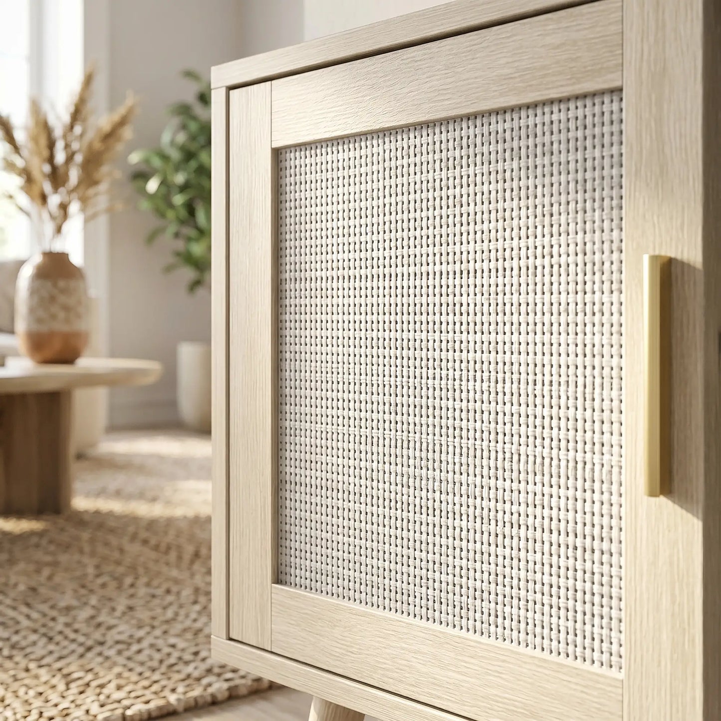 📺 MUEBLE TV DE ESQUINA “RATTAN CORNER 115” – ROBLE + RATÁN · 2 ARMARIOS + 2 ESTANTES · HASTA 65"