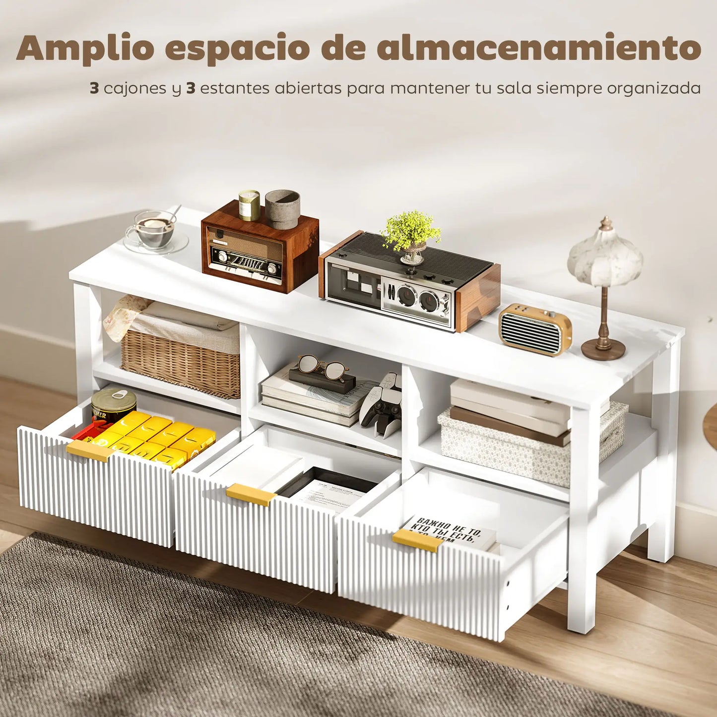 MUEBLE TV DISEÑO ESTRIADO 120 CM BLANCO & DORADO image 4