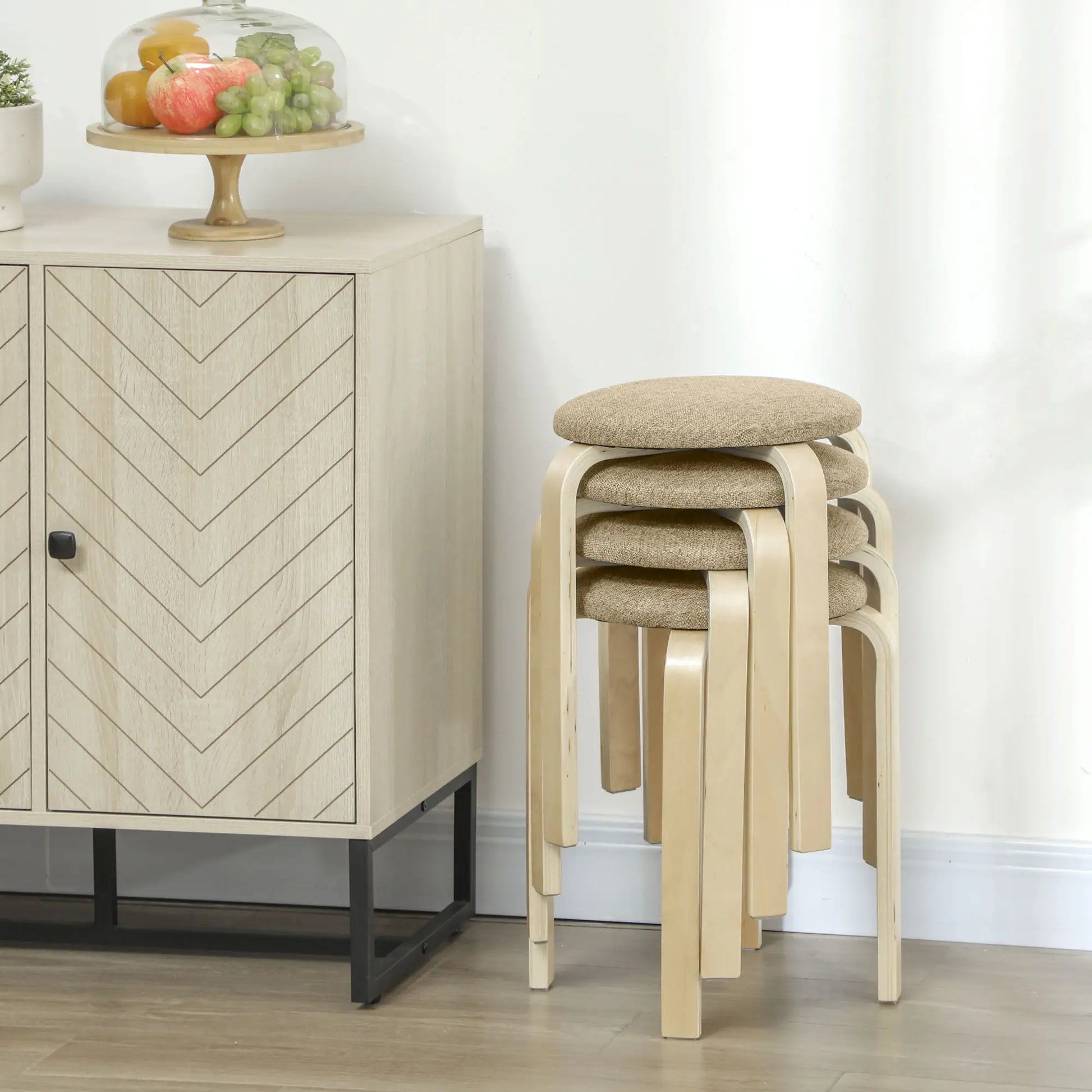 JUEGO DE 4 TABURETES APILABLES DE MADERA CON ASIENTO ACOL CAQUI – MODELO KENIA image 1