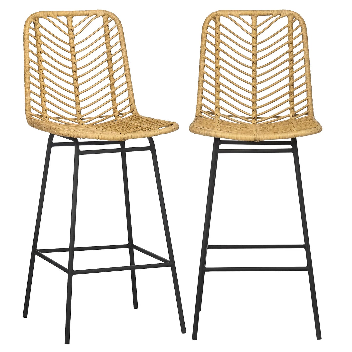 🪑 Juego de 2 Taburetes Altos de Cocina con Asiento de Ratán Sintético – Estilo Boho con Patas de Acero Negro