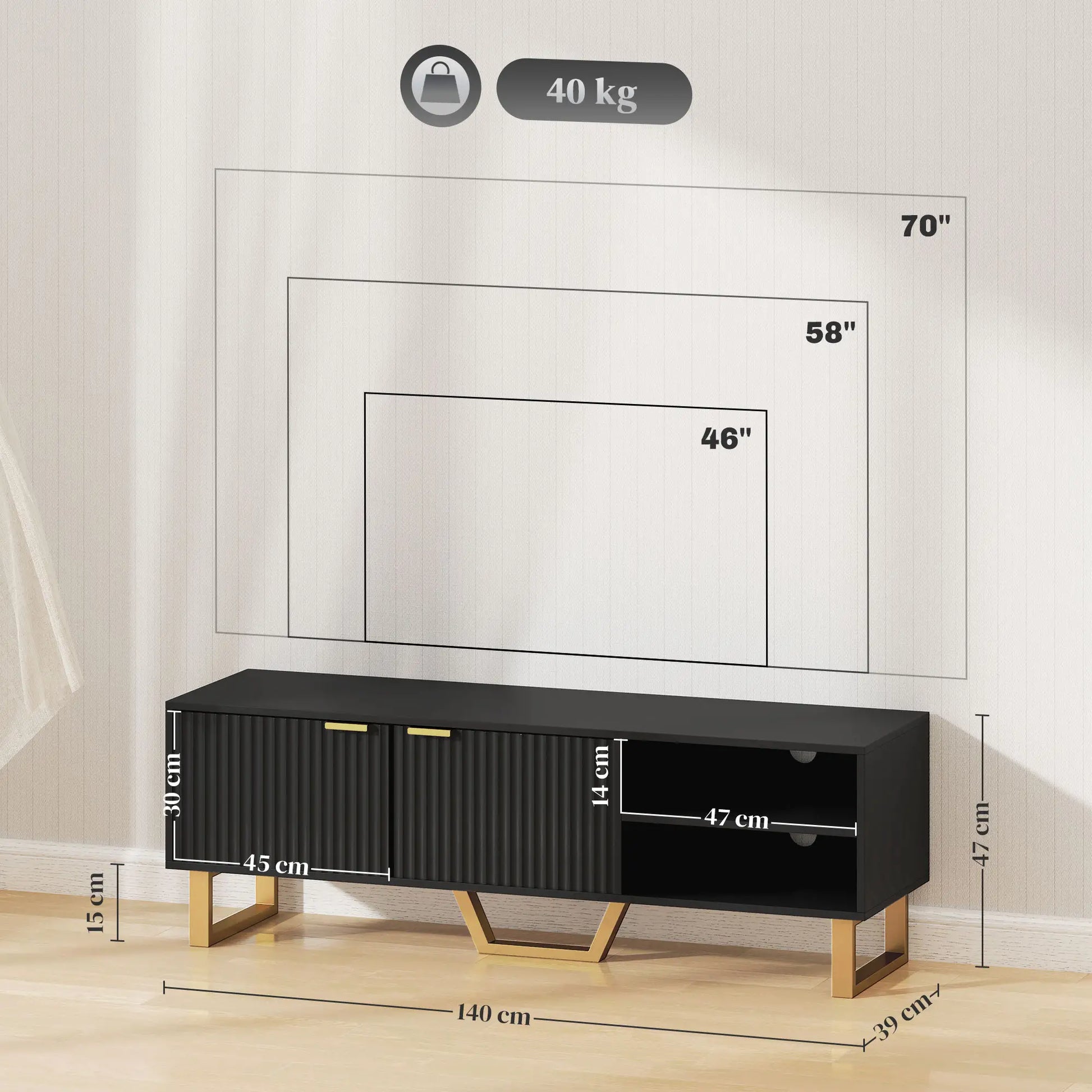 Mueble TV Negro con Puertas Estriadas y Manijas Doradas image 2