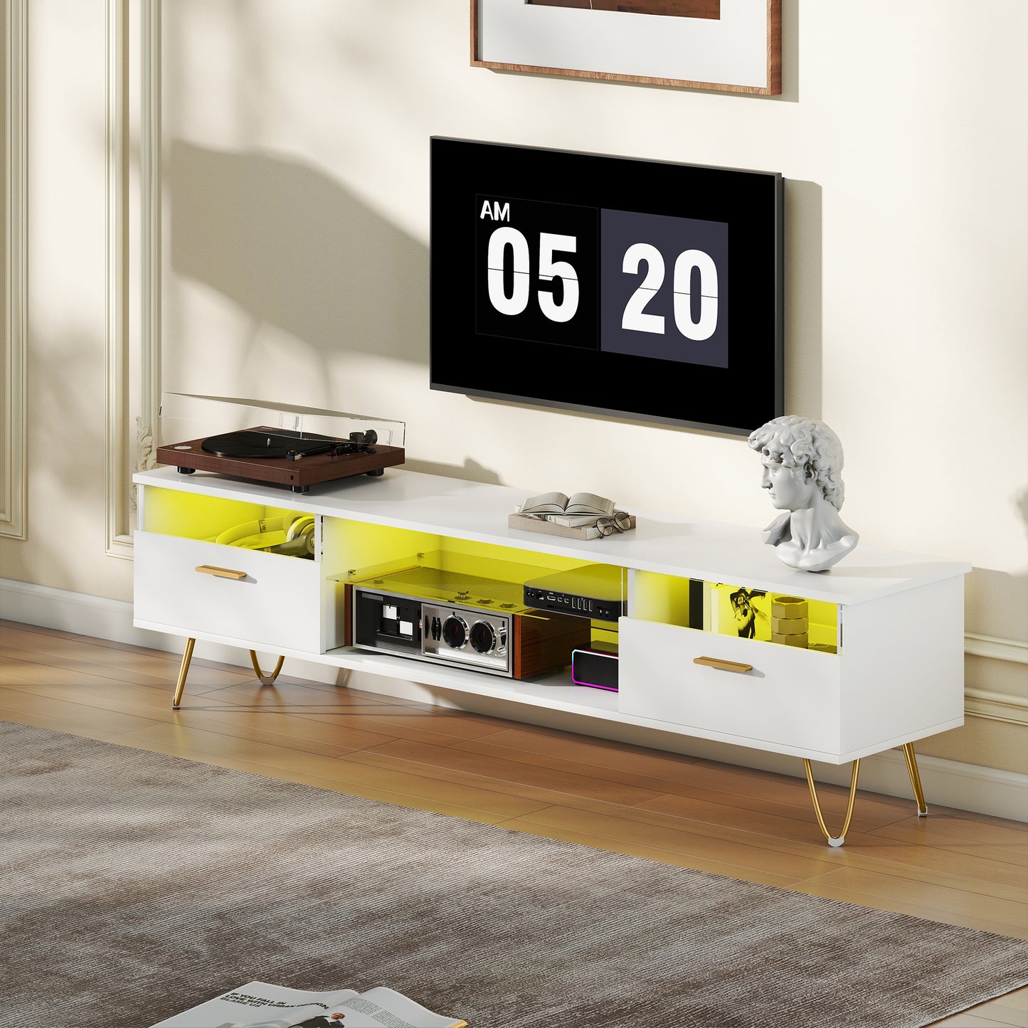 Mueble TV Blanco con LED RGB y Patas Doradas 160 cm image 4