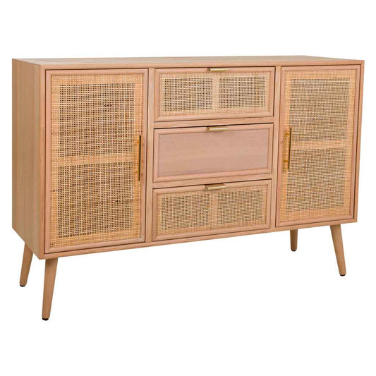 🪵 APARADOR TRENTO – MDF Y REJILLA DE CAÑA, 2 PUERTAS Y 3 CAJONES, 120x40,5x81 CM