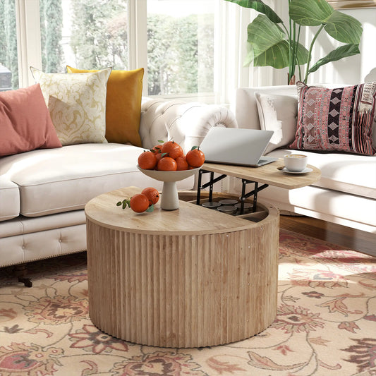 🪵 Mesa de Centro Elevable Redonda con Almacenamiento Oculto y Tablero Elevable 80 cm Madera Natural