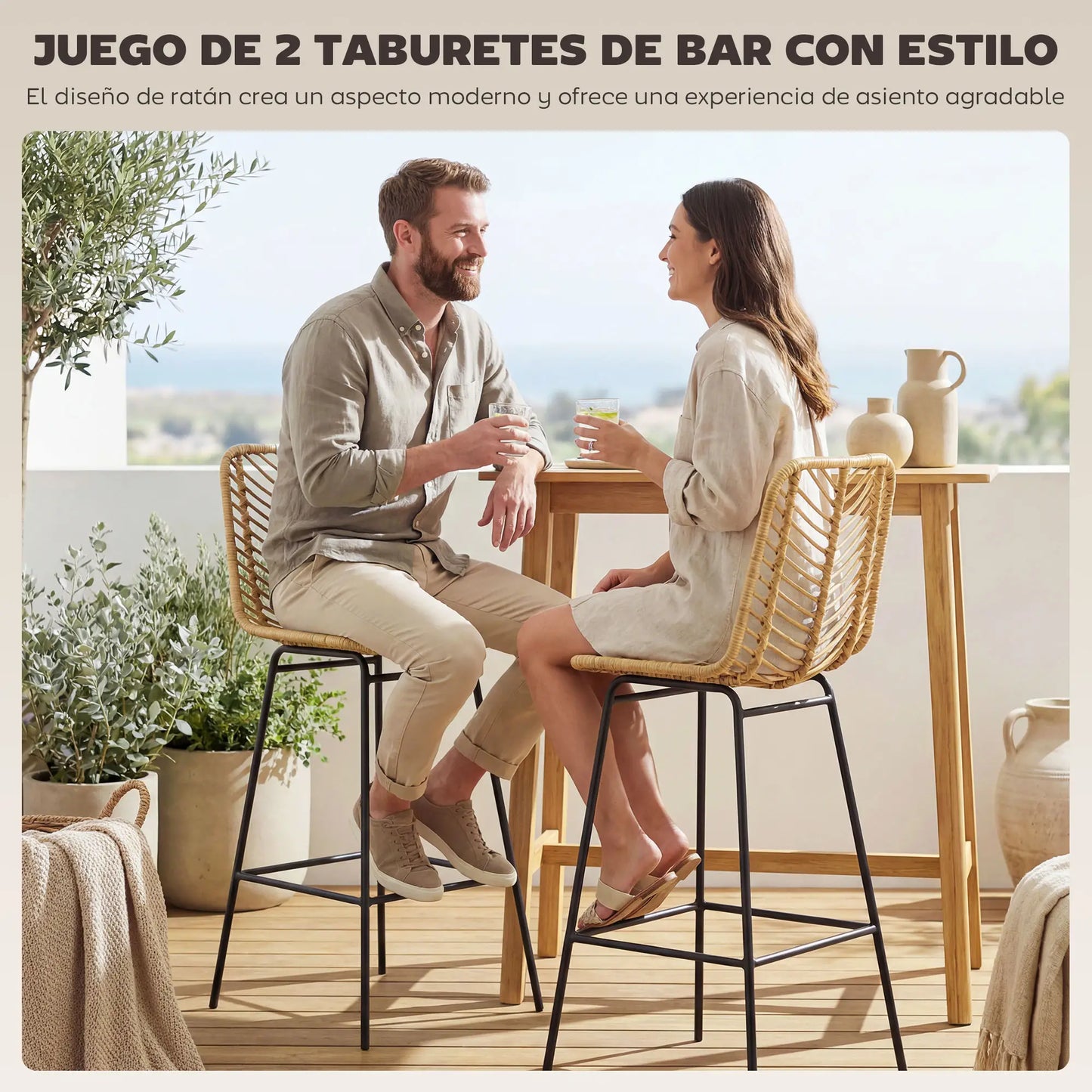🪑 Juego de 2 Taburetes Altos de Cocina con Asiento de Ratán Sintético – Estilo Boho con Patas de Acero Negro