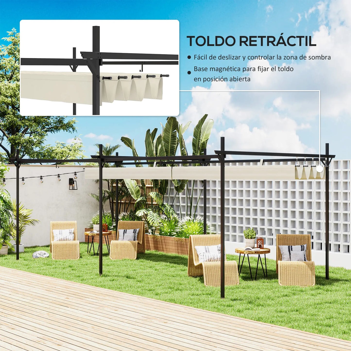 PÉRGOLA DE JARDÍN LUMINA SOL 6X3 CON TECHO RETRÁCTIL CREMA image 1