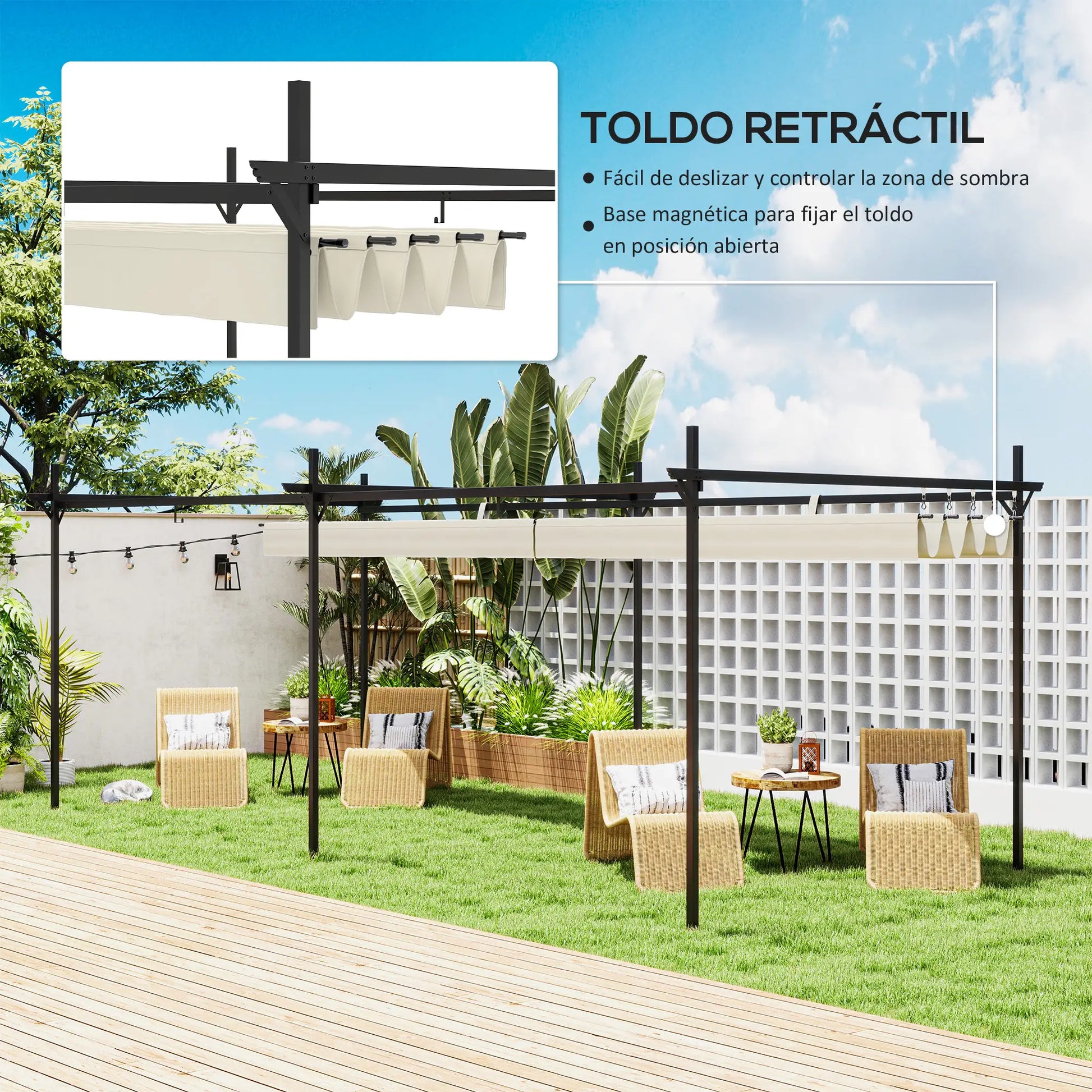 PÉRGOLA DE JARDÍN LUMINA SOL 6X3 CON TECHO RETRÁCTIL CREMA image 1