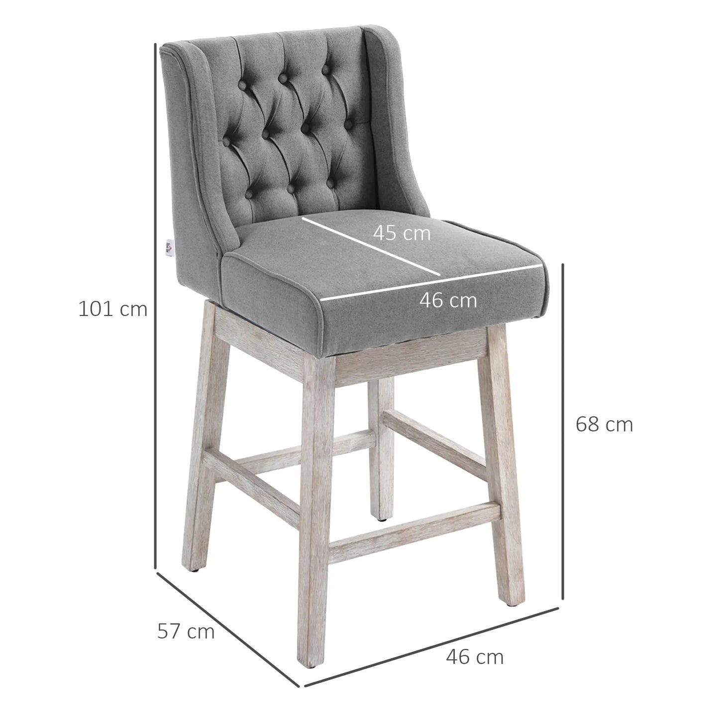 🪑 Juego de 2 Taburetes de Bar con Respaldo Giratorio 180° – Tapizados en Tela Gris con Patas de Madera de Caucho