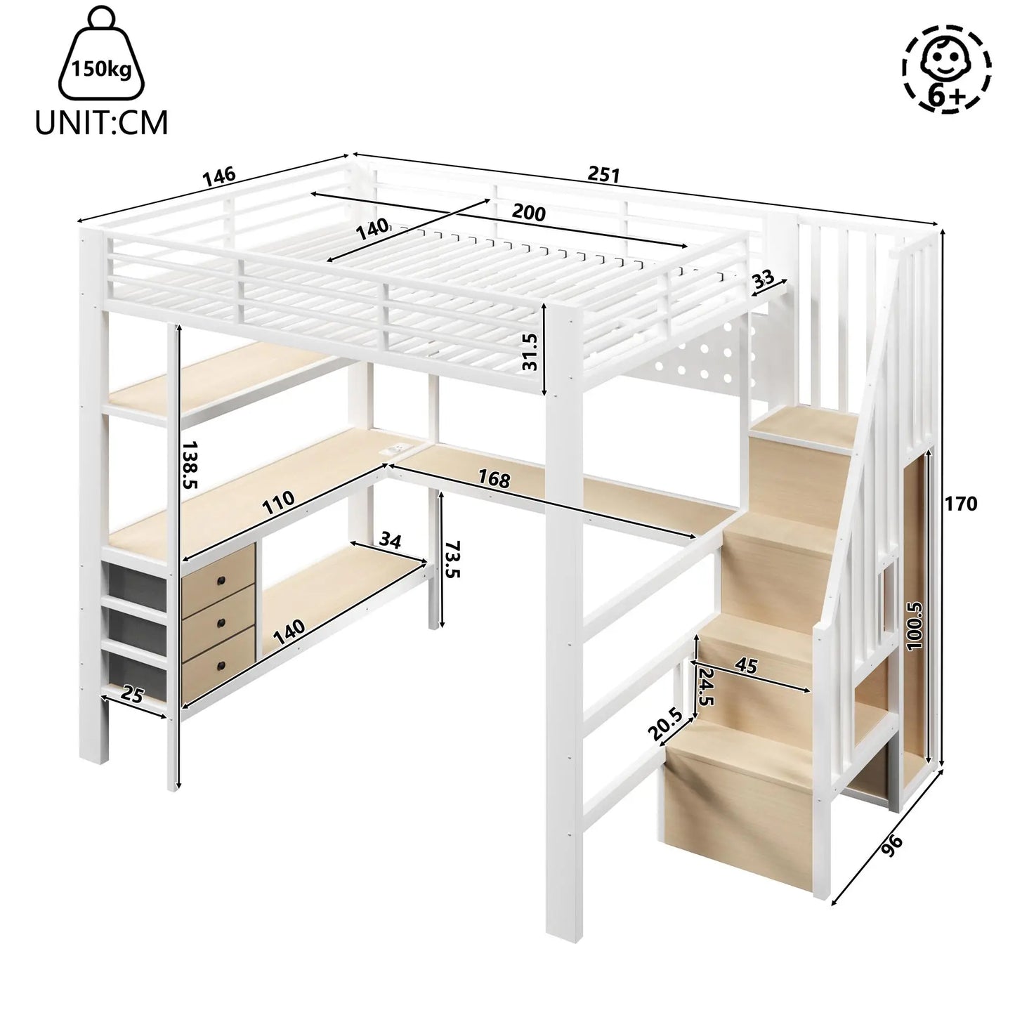 🎮 CAMA ALTA GAMER 140 × 200 CM CON ESCRITORIO, LED, ESTANTERÍAS Y 3 CAJONES | BLANCA | JAM MUEBLES