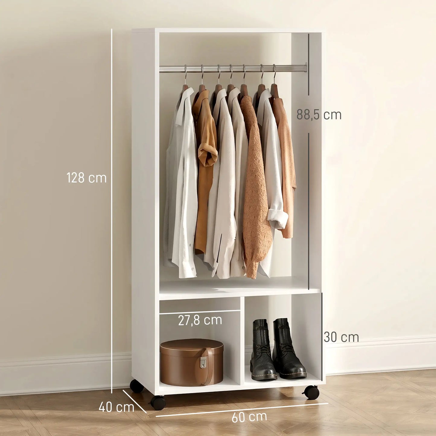 👕 ARMARIO ABIERTO CON RUEDAS 60 CM – BARRA PARA COLGAR Y ESTANTES – BLANCO Y ROBLE NATURAL