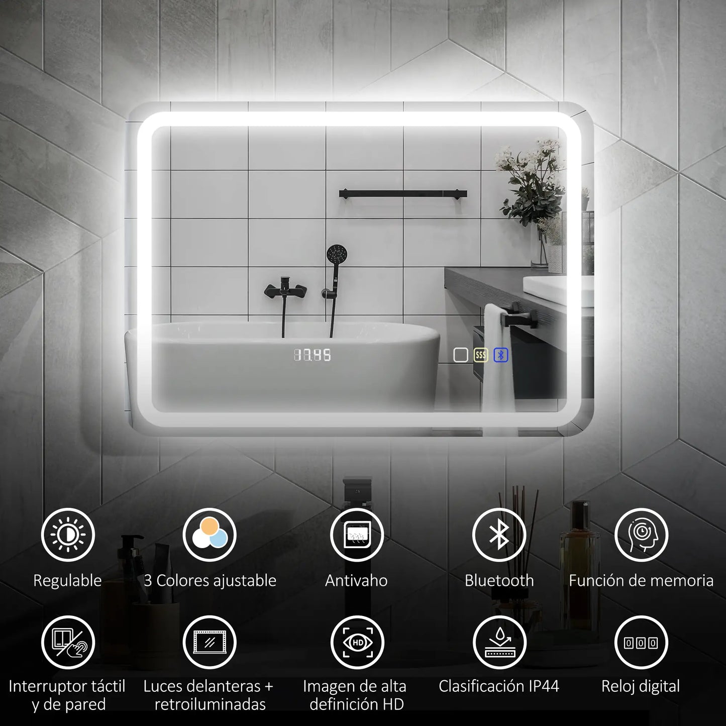 ESPEJO DE BAÑO LED AURIX SOUND 70X50 CON BLUETOOTH, RELOJ Y ANTIVAHO image 7