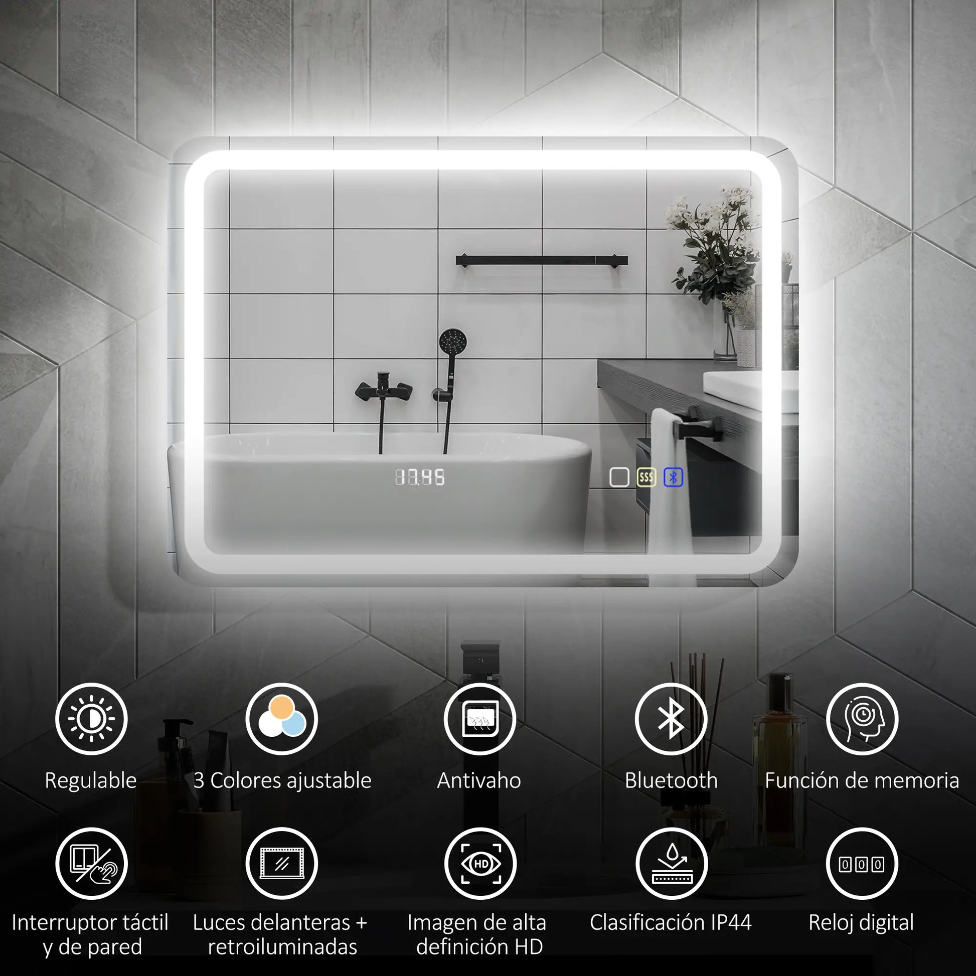 ESPEJO DE BAÑO LED AURIX SOUND 70X50 CON BLUETOOTH, RELOJ Y ANTIVAHO image 7