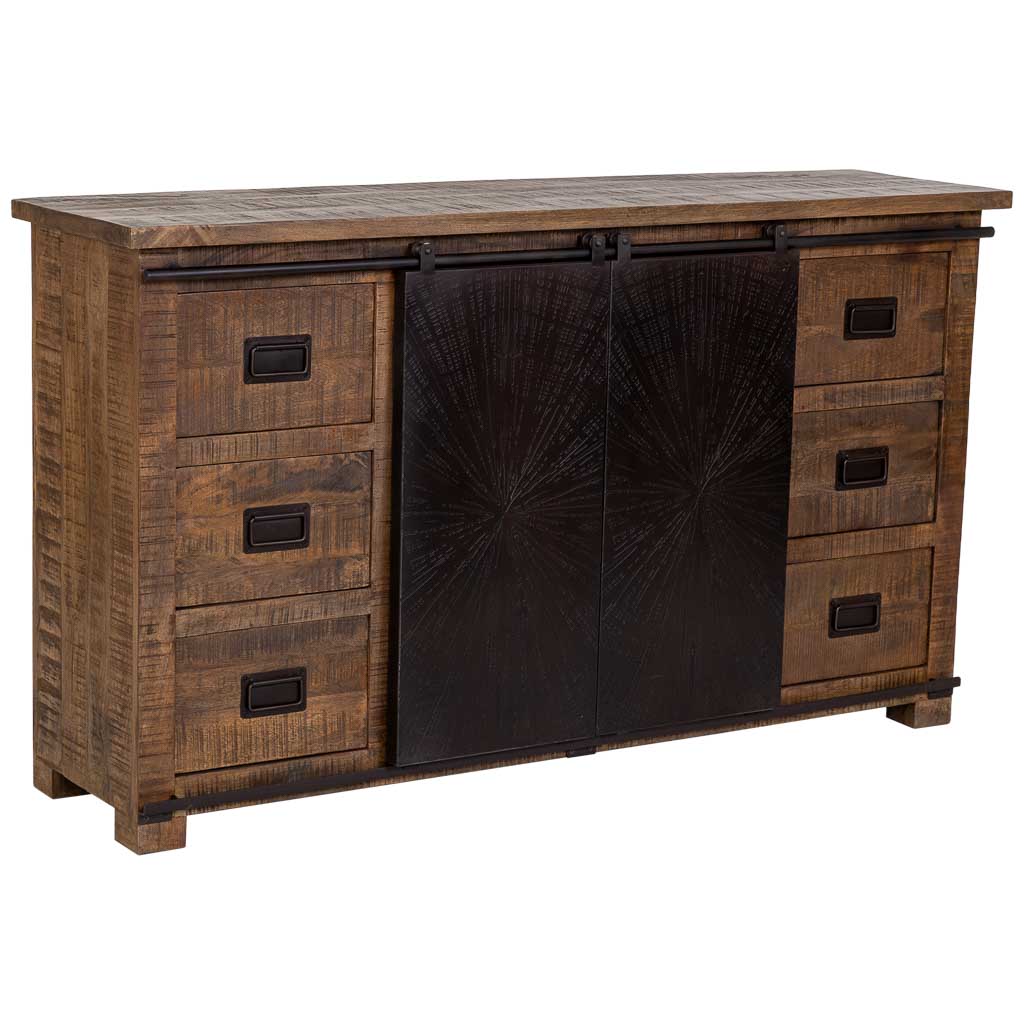 APARADOR ÓXIDO ARTESANAL DE MADERA MACIZA CON 2 PUERTAS CORREDERAS Y 6 CAJONES image 0