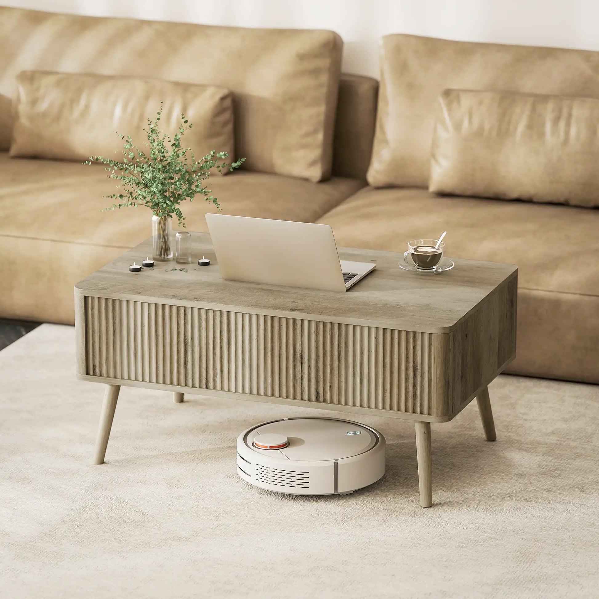 Mesa de Centro Elevable con Almacenaje Oculto y Patas de Pino 91 cm en Roble image 1